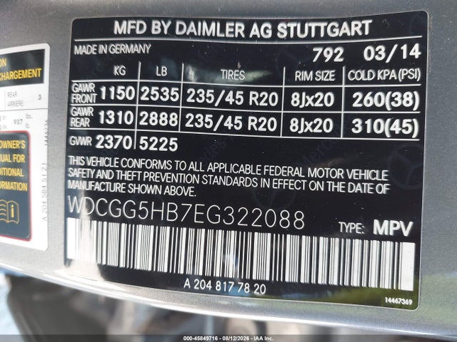 45849716 :رقم المزاد ، WDCGG5HB7EG322088 vin ، 2014 Mercedes-benz Glk 350 مزاد بيع