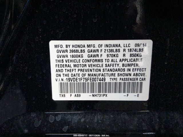 45849717 :رقم المزاد ، 19VDE1F75FE007449 vin ، 2015 Acura Ilx 2.0l مزاد بيع