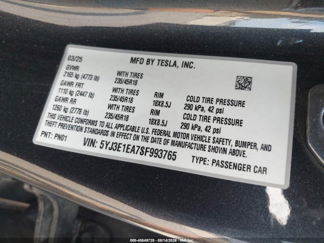 2025 Tesla Model 3 Long Range Rear-wheel Drive/standard Rear-wheel Drive მანქანა იყიდება აუქციონზე, vin: 5YJ3E1EA7SF993765, აუქციონის ნომერი: 45849729