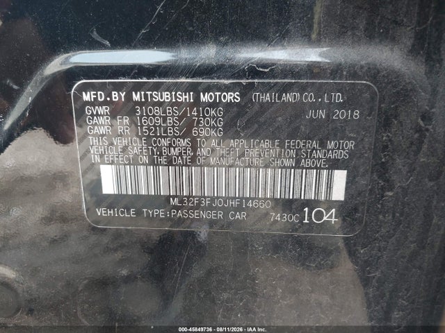Aukcja sprzedaży 2018 Mitsubishi Mirage G4 Es, vin: ML32F3FJ0JHF14660, numer aukcji: 45849736