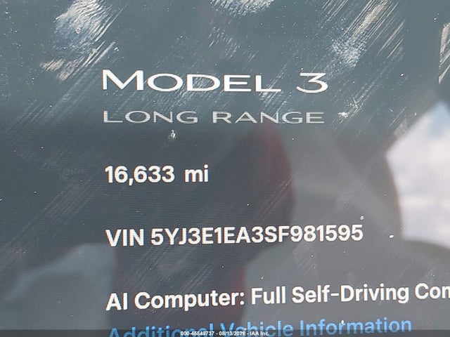 45849737 :رقم المزاد ، 5YJ3E1EA3SF981595 vin ، 2025 Tesla Model 3 Long Range Rear-wheel Drive/standard Rear-wheel Drive مزاد بيع