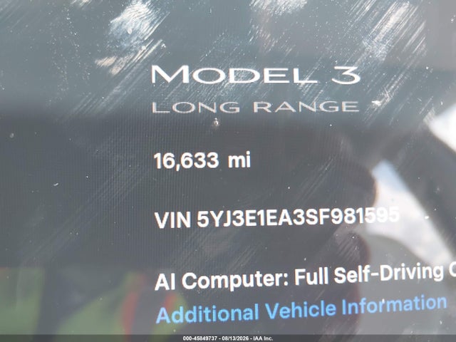 45849737 :رقم المزاد ، 5YJ3E1EA3SF981595 vin ، 2025 Tesla Model 3 Long Range Rear-wheel Drive/standard Rear-wheel Drive مزاد بيع