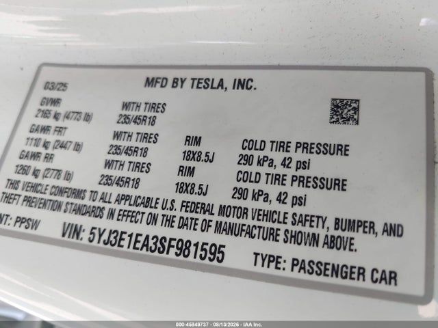 45849737 :رقم المزاد ، 5YJ3E1EA3SF981595 vin ، 2025 Tesla Model 3 Long Range Rear-wheel Drive/standard Rear-wheel Drive مزاد بيع