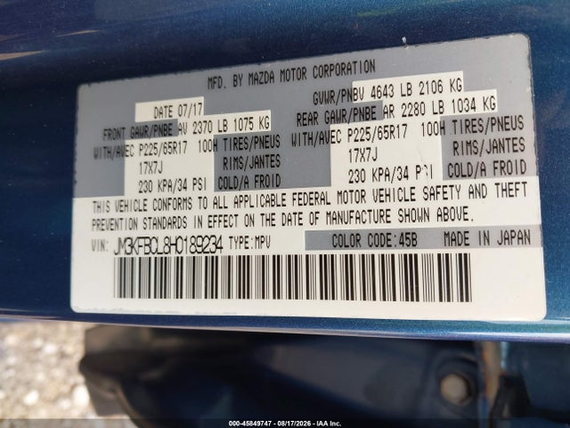Aukcja sprzedaży 2017 Mazda Cx-5 Touring, vin: JM3KFBCL8H0189234, numer aukcji: 45849747