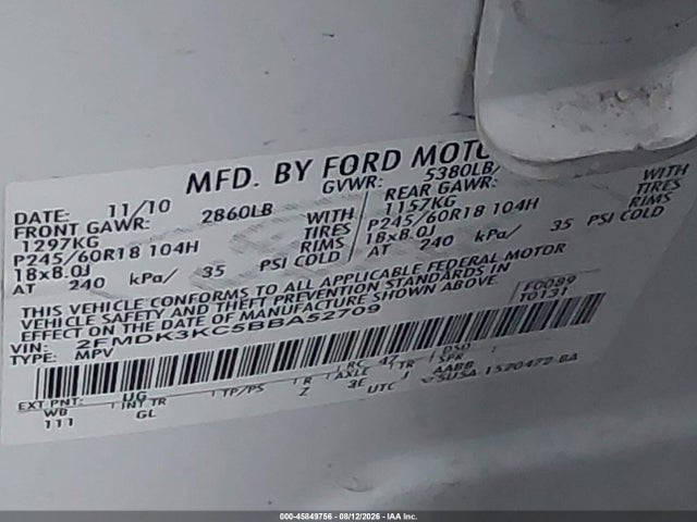 2011 Ford Edge Limited მანქანა იყიდება აუქციონზე, vin: 2FMDK3KC5BBA52709, აუქციონის ნომერი: 45849756