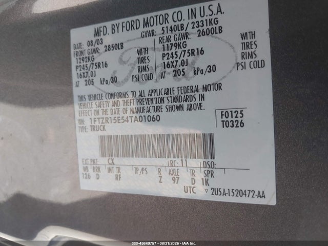Aukcja sprzedaży 2004 Ford Ranger Xlt, vin: 1FTZR15E54TA01060, numer aukcji: 45849757