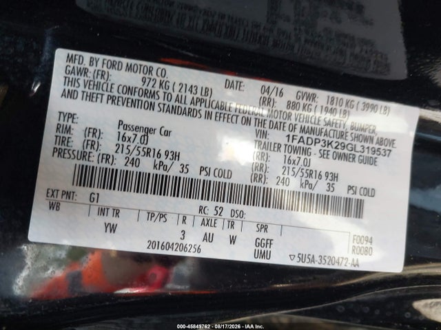 45849762 :رقم المزاد ، 1FADP3K29GL319537 vin ، 2016 Ford Focus Se مزاد بيع