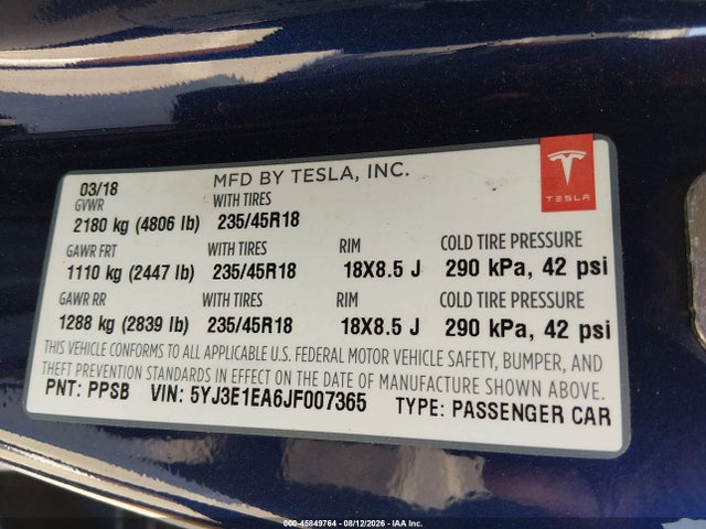 45849764 :رقم المزاد ، 5YJ3E1EA6JF007365 vin ، 2018 Tesla Model 3 Long Range/mid Range مزاد بيع