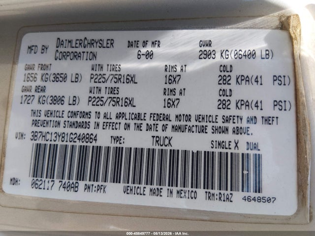 Aukcja sprzedaży 2001 Dodge Ram 1500 St, vin: 3B7HC13Y81G240864, numer aukcji: 45849777