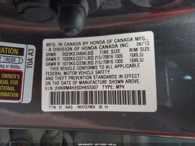 45849787 :رقم المزاد ، 2HKRM4H35DH655507 vin ، 2013 Honda Cr-v Lx مزاد بيع