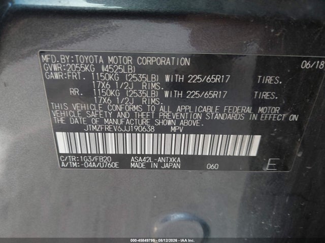 Продажа на аукционе авто 2018 Toyota Rav4 Le, vin: JTMZFREV6JJ190638, номер лота: 45849795