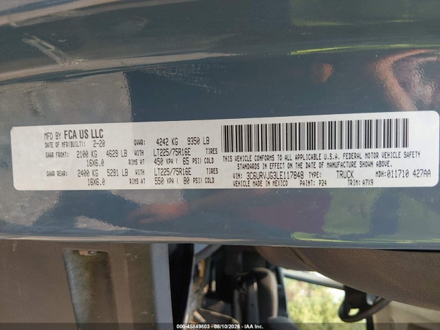 2020 Ram Promaster 3500 Cargo Van High Roof 159 Wb Ext მანქანა იყიდება აუქციონზე, vin: 3C6URVJG3LE117848, აუქციონის ნომერი: 45849803
