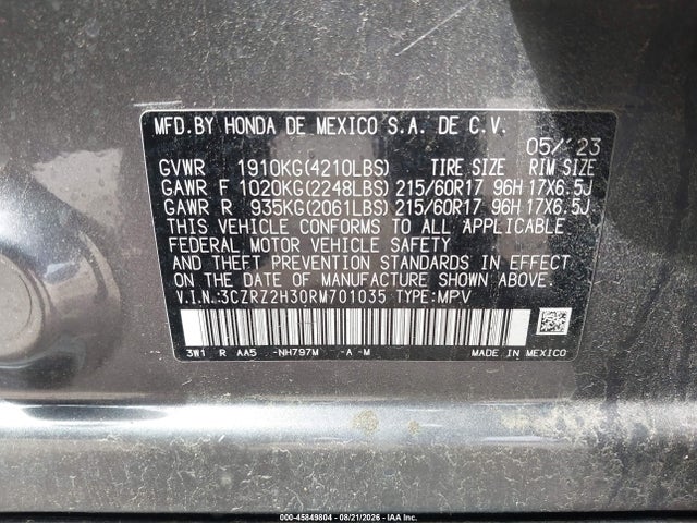 45849804 :رقم المزاد ، 3CZRZ2H30RM701035 vin ، 2024 Honda Hr-v Awd Lx مزاد بيع