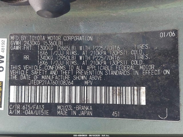 Продажа на аукционе авто 2006 Toyota Highlander V6, vin: JTEDP21A760108264, номер лота: 45849831