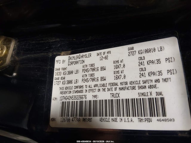 Aukcja sprzedaży 2003 Dodge Dakota Slt, vin: 1D7HG42N53S226676, numer aukcji: 45849834