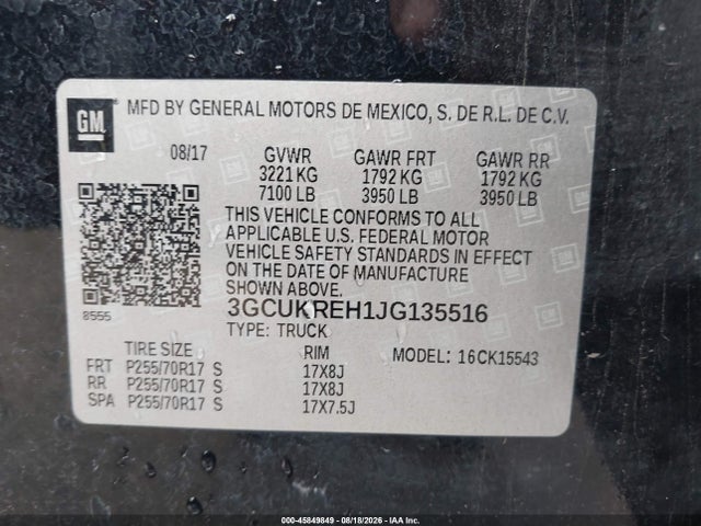 45849849 :رقم المزاد ، 3GCUKREH1JG135516 vin ، 2018 Chevrolet Silverado 1500 1lt مزاد بيع