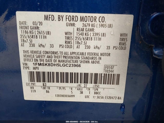 2020 Ford Explorer Xlt მანქანა იყიდება აუქციონზე, vin: 1FMSK8DH5LGC23966, აუქციონის ნომერი: 45849862