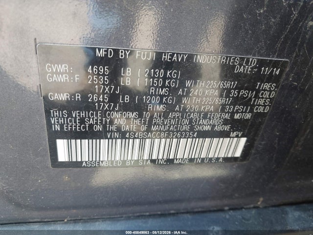 45849863 :رقم المزاد ، 4S4BSACC8F3263354 vin ، 2015 Subaru Outback 2.5i Premium مزاد بيع