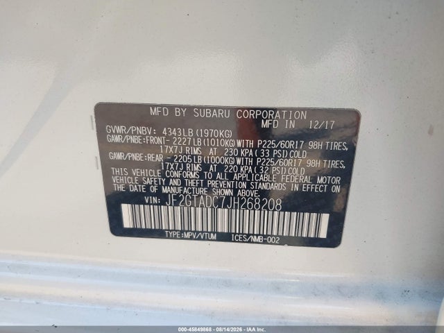 Продаж на аукціоні авто 2018 Subaru Crosstrek 2.0i Premium, vin: JF2GTADC7JH268208, номер лоту: 45849868
