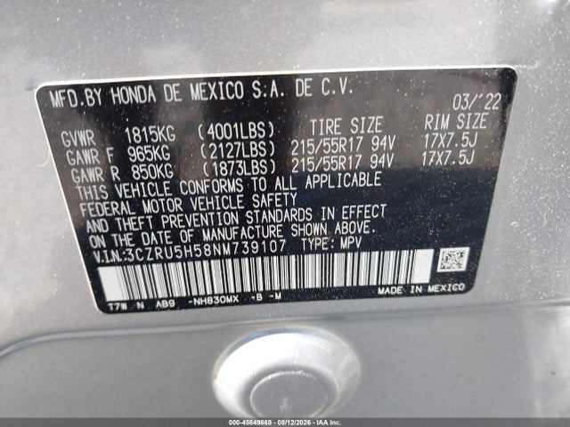 45849869 :رقم المزاد ، 3CZRU5H58NM739107 vin ، 2022 Honda Hr-v 2wd Ex مزاد بيع