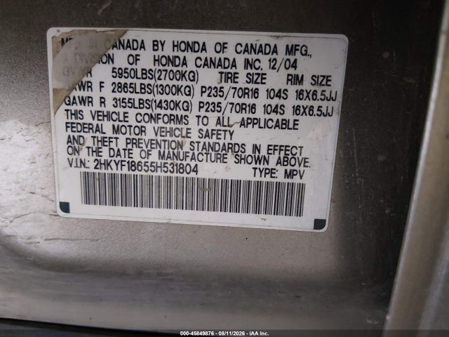 2005 Honda Pilot Ex-l მანქანა იყიდება აუქციონზე, vin: 2HKYF18655H531804, აუქციონის ნომერი: 45849876