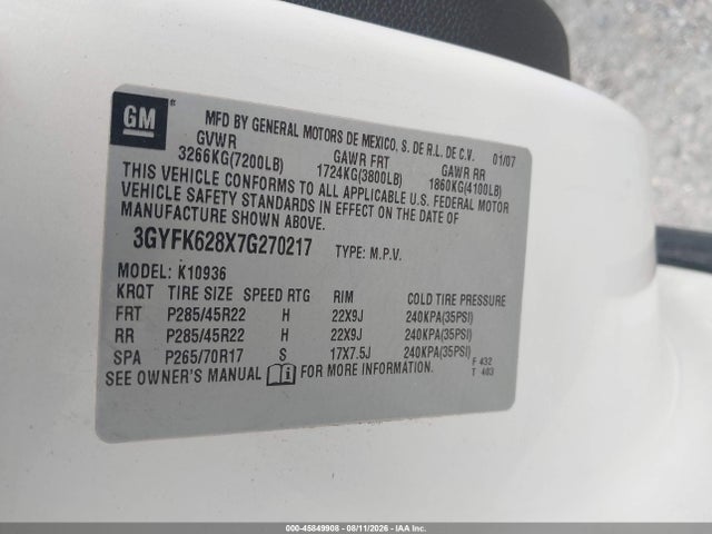 45849908 :رقم المزاد ، 3GYFK628X7G270217 vin ، 2007 Cadillac Escalade Ext مزاد بيع