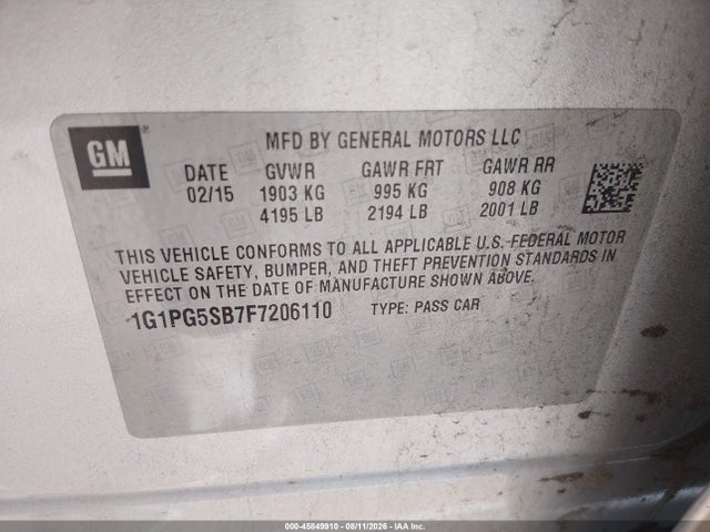 45849910 :رقم المزاد ، 1G1PG5SB7F7206110 vin ، 2015 Chevrolet Cruze Ltz مزاد بيع