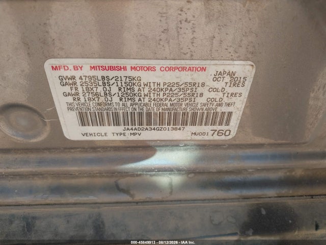 Aukcja sprzedaży 2016 Mitsubishi Outlander Es, vin: JA4AD2A34GZ013847, numer aukcji: 45849913
