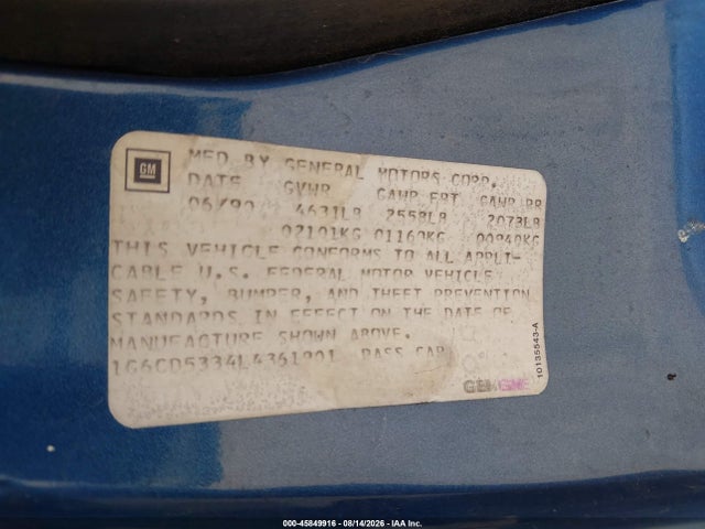 45849916 :رقم المزاد ، 1G6CD5334L4361901 vin ، 1990 Cadillac Deville مزاد بيع