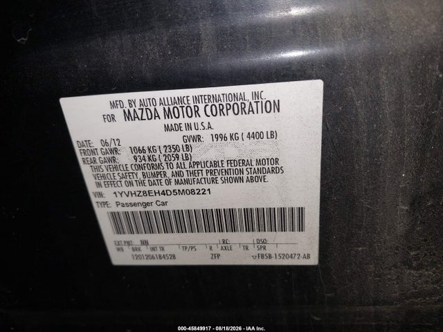 Aukcja sprzedaży 2013 Mazda Mazda6 I Touring Plus, vin: 1YVHZ8EH4D5M08221, numer aukcji: 45849917