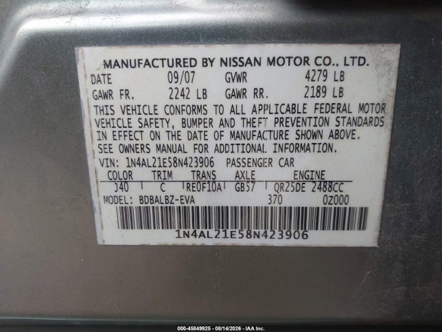45849925 :رقم المزاد ، 1N4AL21E58N423906 vin ، 2008 Nissan Altima 2.5 Sl مزاد بيع
