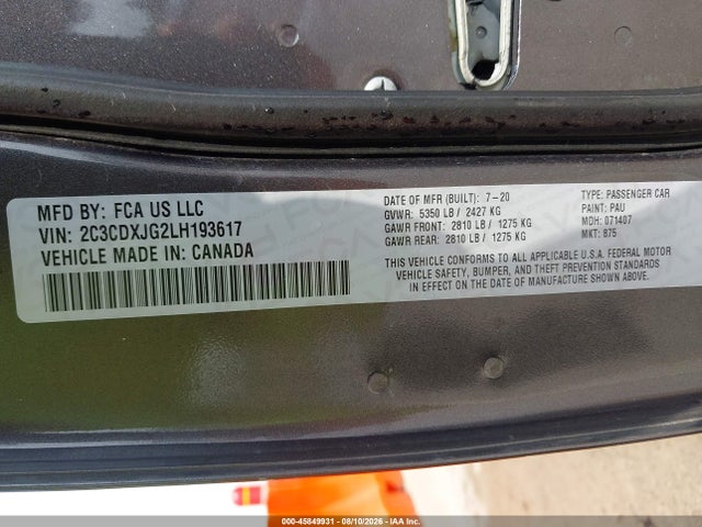 2020 Dodge Charger Sxt Awd მანქანა იყიდება აუქციონზე, vin: 2C3CDXJG2LH193617, აუქციონის ნომერი: 45849931