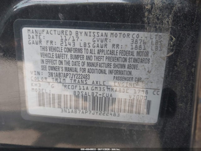 Aukcja sprzedaży 2018 Nissan Sentra S, vin: 3N1AB7AP7JY222483, numer aukcji: 45849933