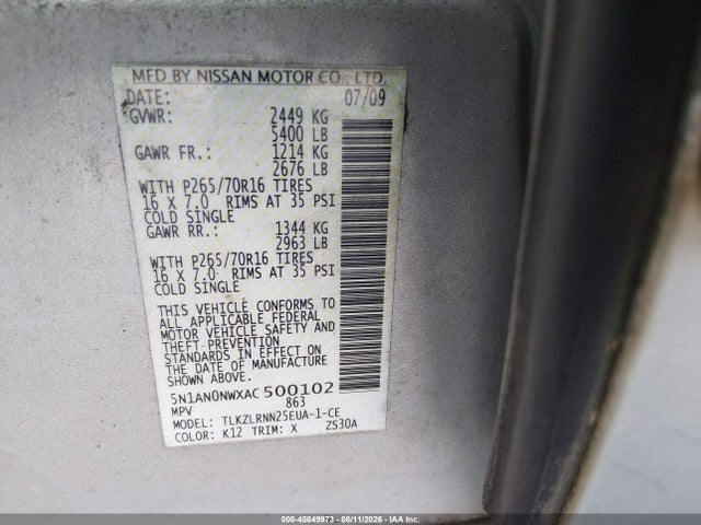 Продаж на аукціоні авто 2010 Nissan Xterra S, vin: 5N1AN0NWXAC500102, номер лоту: 45849973