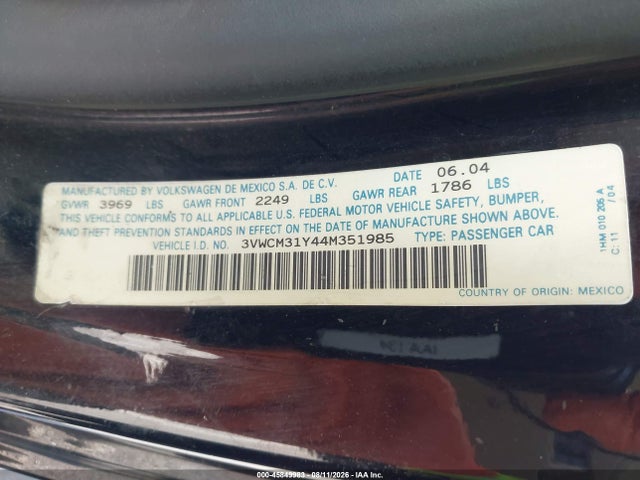2004 Volkswagen New Beetle Gls მანქანა იყიდება აუქციონზე, vin: 3VWCM31Y44M351985, აუქციონის ნომერი: 45849983