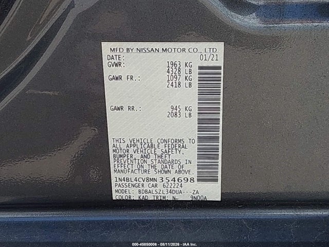 45850006 :رقم المزاد ، 1N4BL4CV8MN354698 vin ، 2021 Nissan Altima Sr Fwd مزاد بيع