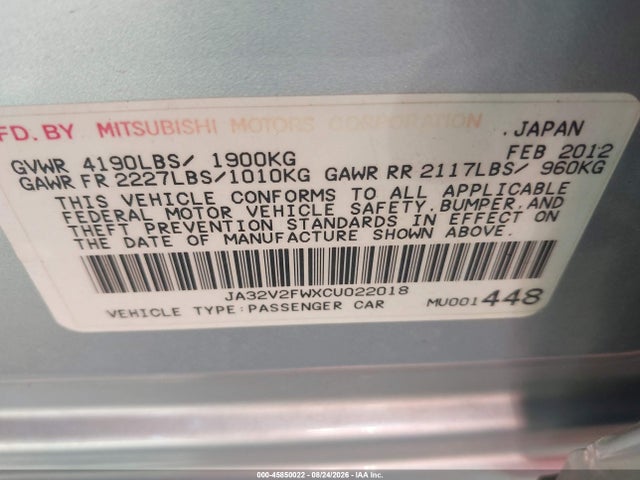 Aukcja sprzedaży 2012 Mitsubishi Lancer Se, vin: JA32V2FWXCU022018, numer aukcji: 45850022