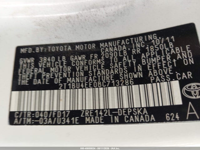 2011 Toyota Corolla S მანქანა იყიდება აუქციონზე, vin: 2T1BU4EE0BC713286, აუქციონის ნომერი: 45850024