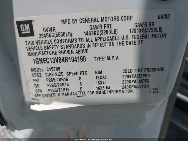 45850026 :رقم المزاد ، 1GNEC13V84R104190 vin ، 2004 Chevrolet Tahoe Ls مزاد بيع