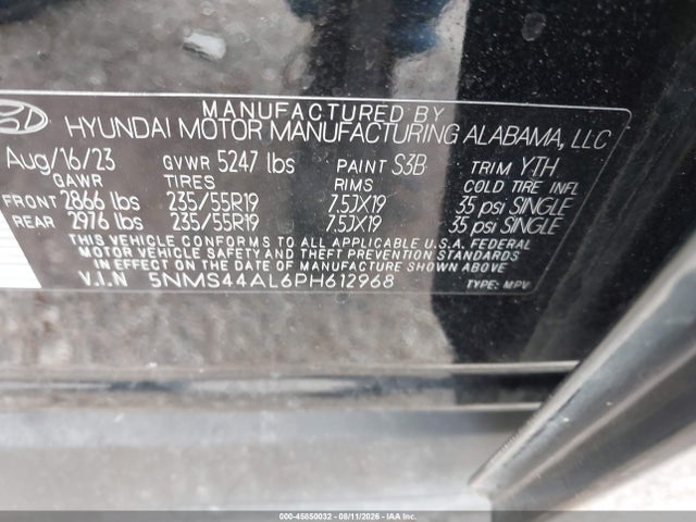 2023 Hyundai Santa Fe Limited მანქანა იყიდება აუქციონზე, vin: 5NMS44AL6PH612968, აუქციონის ნომერი: 45850032