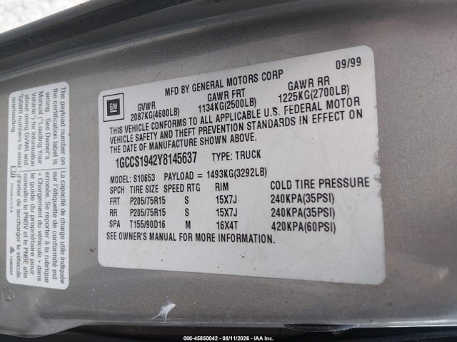 Aukcja sprzedaży 2000 Chevrolet S-10 Ls, vin: 1GCCS1942Y8145637, numer aukcji: 45850042