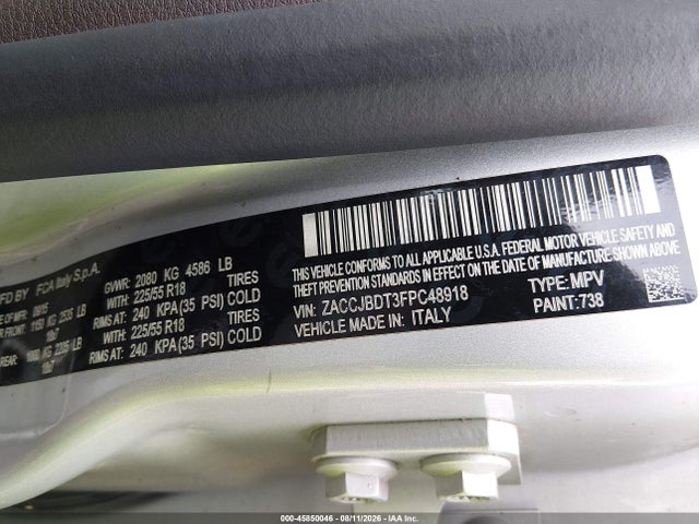 Продаж на аукціоні авто 2015 Jeep Renegade Limited, vin: ZACCJBDT3FPC48918, номер лоту: 45850046