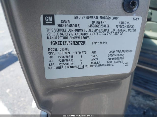 2002 Gmc Yukon Sle მანქანა იყიდება აუქციონზე, vin: 1GKEC13V62R207201, აუქციონის ნომერი: 45850048