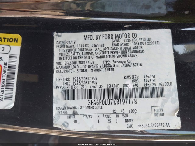 Продажа на аукционе авто 2019 Ford Fusion Hybrid Se, vin: 3FA6P0LU7KR197178, номер лота: 45850087