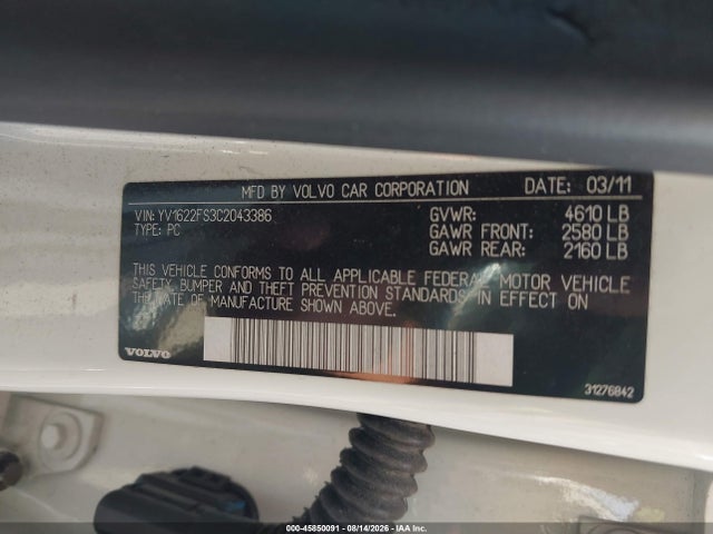 Aukcja sprzedaży 2012 Volvo S60 T5, vin: YV1622FS3C2043386, numer aukcji: 45850091