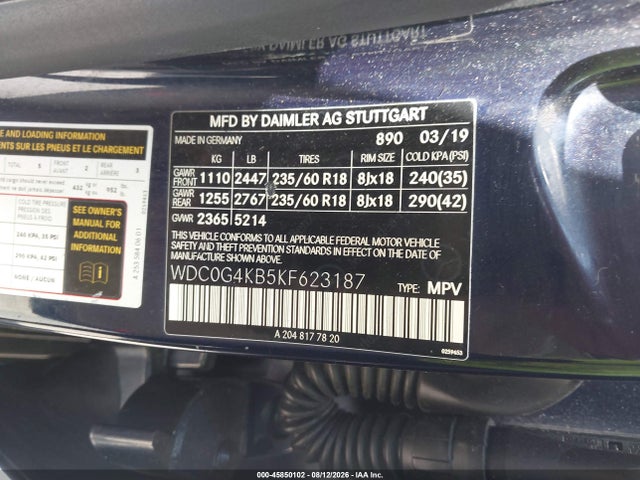 Aukcja sprzedaży 2019 Mercedes-benz Glc 300 4matic, vin: WDC0G4KB5KF623187, numer aukcji: 45850102