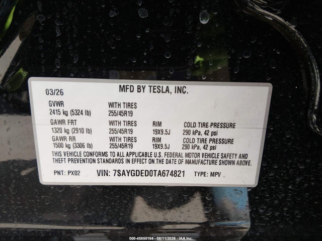 Продаж на аукціоні авто 2026 Tesla Model Y Premium Rear-wheel Drive/rear-wheel Drive, vin: 7SAYGDED0TA674821, номер лоту: 45850104