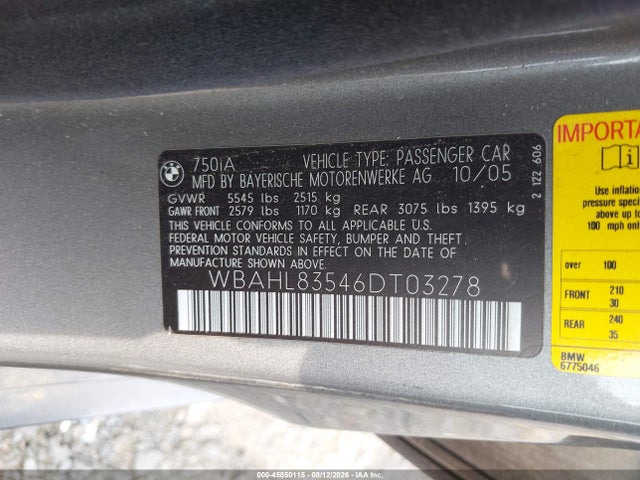 Aukcja sprzedaży 2006 Bmw 750i, vin: WBAHL83546DT03278, numer aukcji: 45850115