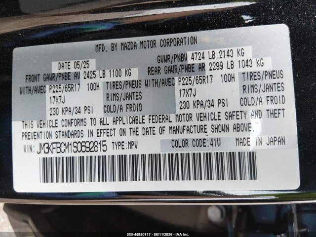 45850117 :رقم المزاد ، JM3KFBCM1S0692815 vin ، 2025 Mazda Cx-5 2.5 S Preferred مزاد بيع