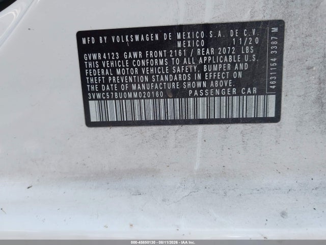 2021 Volkswagen Jetta 1.4t R-line/1.4t S/1.4t Se მანქანა იყიდება აუქციონზე, vin: 3VWC57BU0MM020160, აუქციონის ნომერი: 45850130